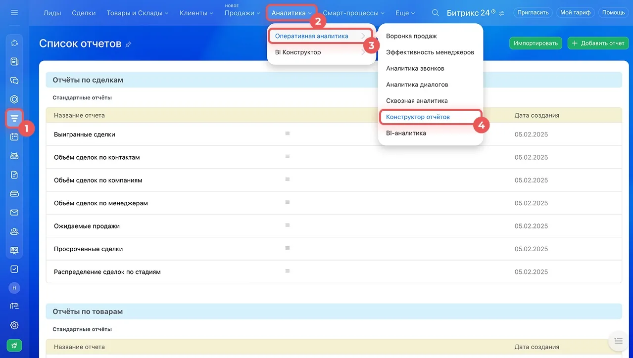 Меню CRM → Аналитика в Битрикс24: Оперативная аналитика, Конструктор отчётов, BI-аналитика