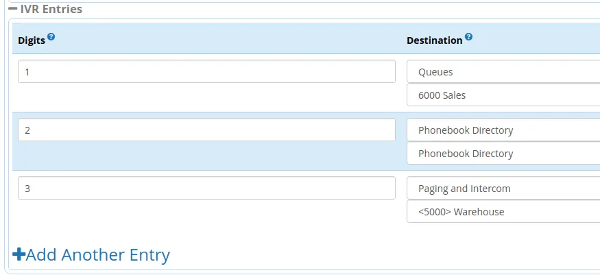 Настройка голосового меню (IVR) в панели FreePBX: цифра 1 ведёт на очередь Sales, 2 — в справочник, 3 — на внутреннюю связь